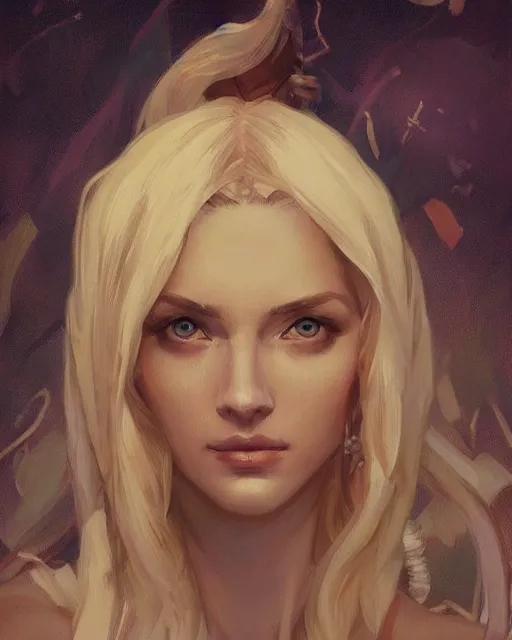 Image similar to '' Portrait of Beautiful blonde Slavic woman in her early 30’s, league of legends, LOL, fantasy, d&d, digital painting, artstation, concept art, sharp focus, illustration, art by greg rutkowski and alphonse mucha ''