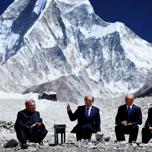 Image similar to kim jong - un, president joe biden, boris johnson, and vladimir putin enjoying earl grey tea at mount everest base camp, minimalist