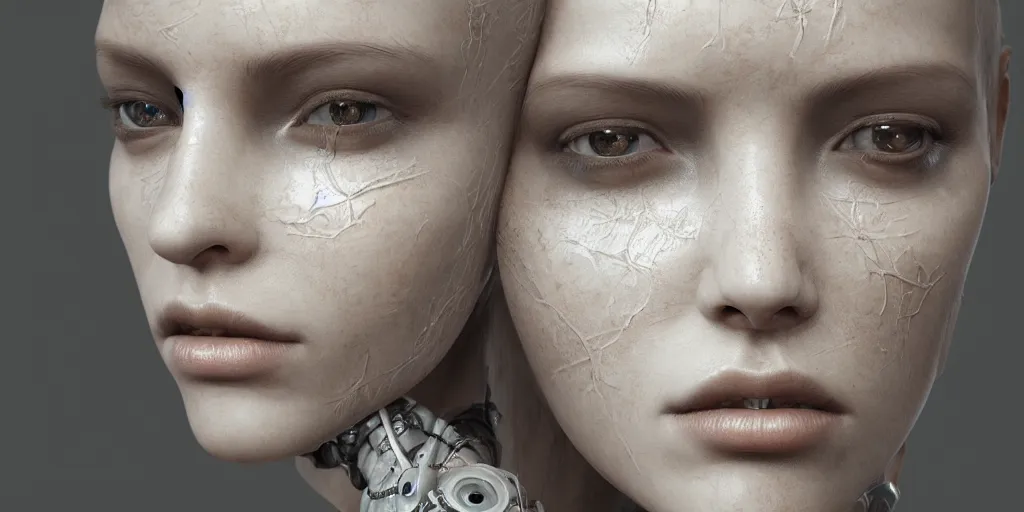Image similar to photorealistic gorgeous symmetrical female cyborg, holding intimately, highly detailed, intricate detailing, in the style of, beth cavener, jin kagetsu, wlop, masterpiece, concept art, high key lighting, ambient lighting, octane render, 8 k, artstation