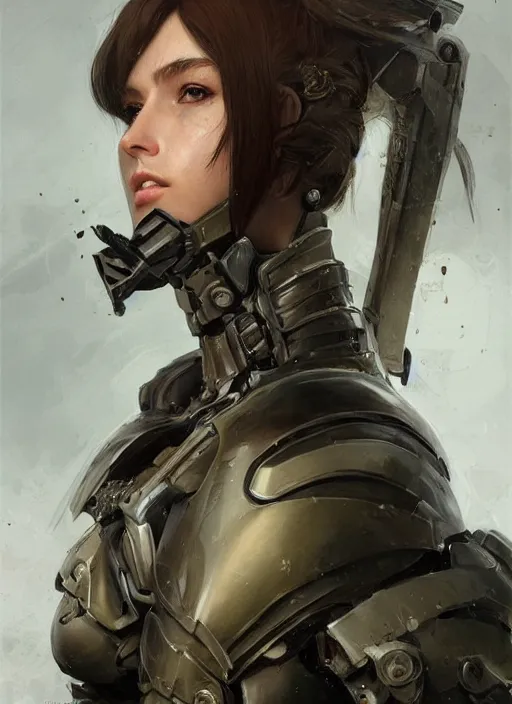 Image similar to a professional painting of a beautiful young female, clothed in military armor, olive skin, long dark hair, beautiful bone structure, symmetrical facial features, intricate, elegant, digital painting, concept art, smooth, sharp focus, illustration, from Metal Gear, by Ruan Jia and Mandy Jurgens and Artgerm and William-Adolphe Bouguerea