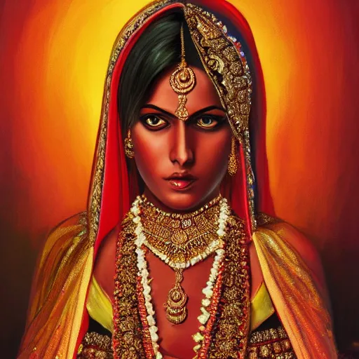 Image similar to Indian Bride, oil painting, portrait, intricate complexity, rule of thirds, face by Artgerm, character concept, dramatic lighting, complementary colors