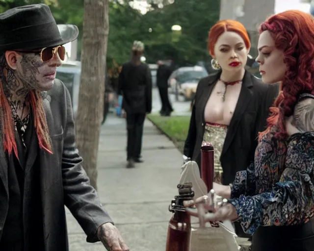 Image similar to mafioso nicky ( joe mangianello ) meets with the heavily tattooed hippie witch lydia ( rose mcgowan, curly red hair ) ; scene from the modern hbo mini series / the outfit /, a supernatural mafia crime thriller about magical monster - hunting mafiosi in philadelphia, hd 8 k film photography, with modern supernatural horror aesthetic.