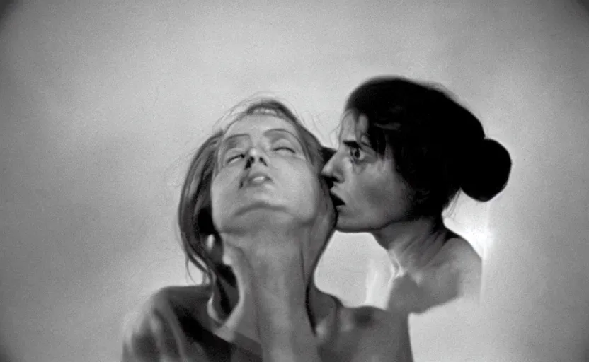 Prompt: ecstasy and metamorphosis, still from an old surrealist black and white movie directed by Jan Svankmajer, Béla Tarr, Ingrid Bergman and Robert Wiene. Dark background, dramatic lighting, detailed, cinematic