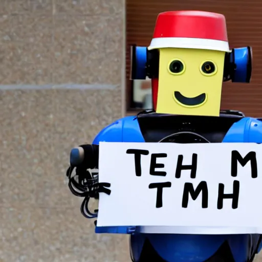 Image similar to a robot holding a sign saying teach me to spell