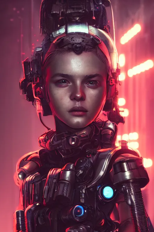 Prompt: beautiful portrait of a cyborg mercenary girl, art by wlop, liam wong, cyberpunk, neon, combat armor, head and shoulders, intricate details, trending on artstation, sharp focus, caustics, octane render, radiant light, 4 k