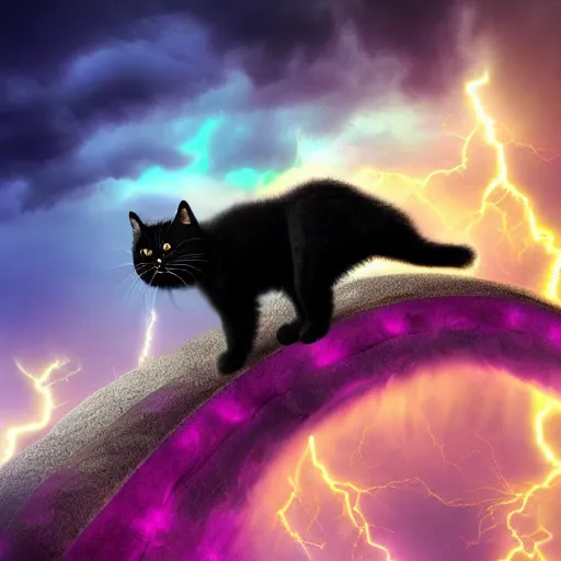 Image similar to a photo of black fluffy cat, riding on top of a big purple dragon in an electrical storm, ultrarealistic, highly detailed, 4 k