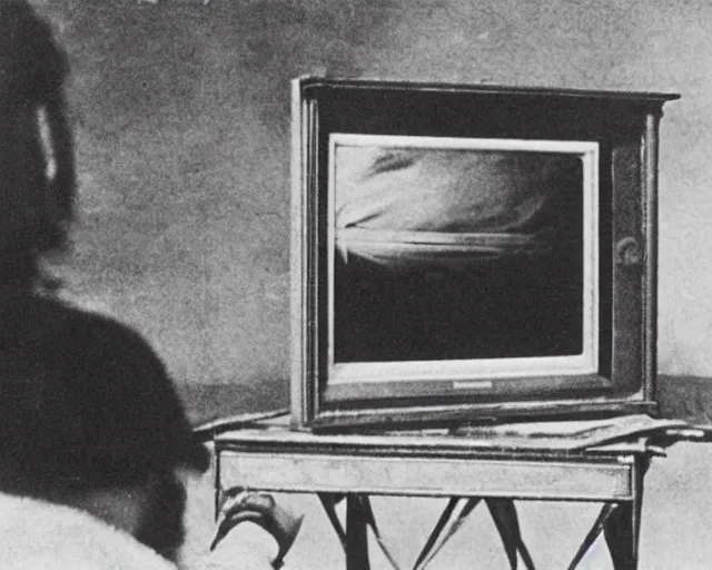 Image similar to 1 9 0 0 s photo of a person watching a flat screen hd tv