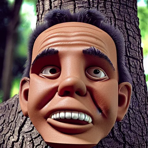 Image similar to gilbert gottfried face on a tree stump, film still