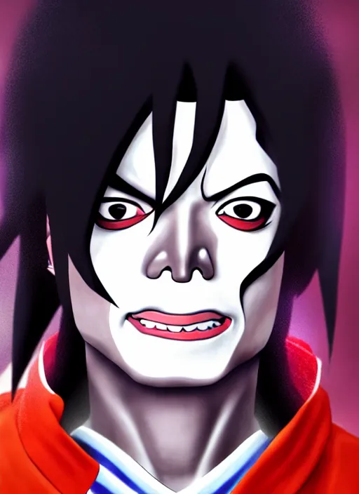Image similar to portrait of michael jackson as madara uchiha from naruto, au naturel, hyper detailed, digital art, trending in artstation, cinematic lighting, studio quality, smooth render, unreal engine 5 rendered, octane rendered, art style by klimt and nixeu and ian sprigger and wlop and krenz cushart and riot