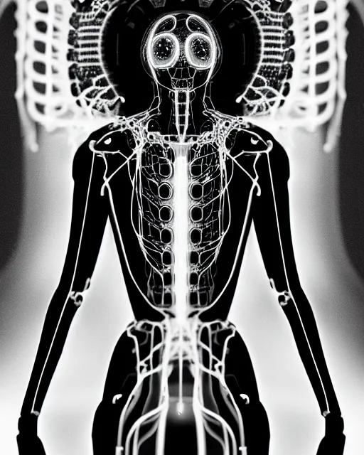 Prompt: black and white cyborg-jellyfish goddess high quality photo, microchip, artificial intelligence, bio-mechanical bio-luminescence, black wired cables, neurons, nerve cells, octane render, cinematic, rim light, hyper realism, photo-realistic, high detail, 8k, masterpiece, high fashion, in the style of Steven Meisel and Dora Maar and H.G. Giger