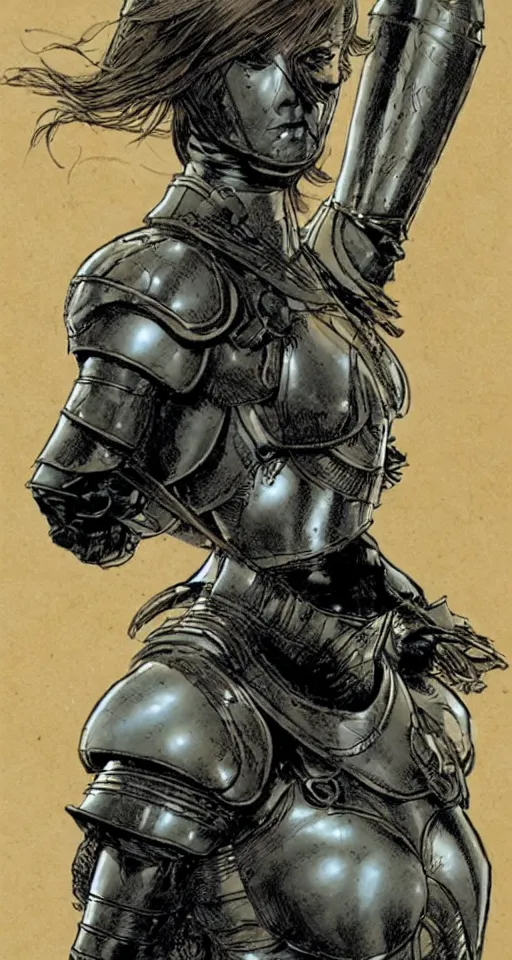 Prompt: a beautiful portrait of a female knight in armor in Travis Charest style