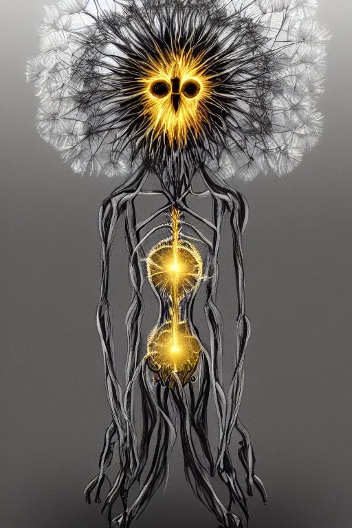 Image similar to glowing dandelion humanoid figure monster, symmetrical, highly detailed, digital art, sharp focus, trending on art station, amber eyes, autumnal colours