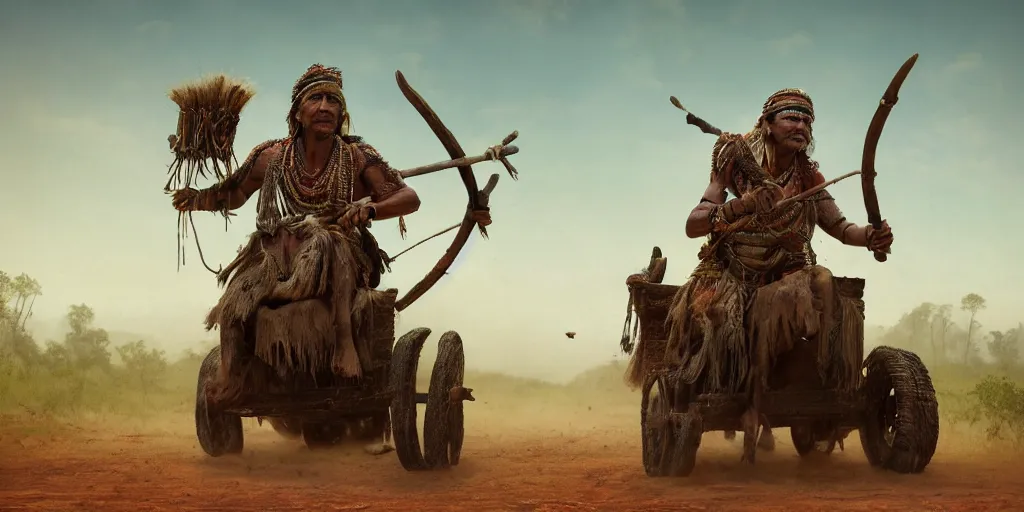 Prompt: photorealistic photo of an ancient indian tribesman on ancient atv with big wooden wheels, hunting panicked buffalo herd ,attacking, wild chase, action scene, an epic fantasy, dramatic lighting, cinematic, establishing shot, extremely high detail, photorealistic, cinematic lighting, artstation, octane render, by simon stalenhag, horizon forbidden west,old photo, high speed photography, vintage, extreme sports