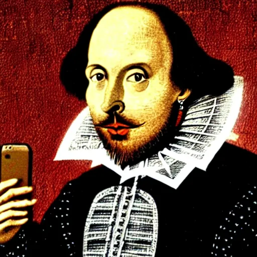 Prompt: shakespeare taking a selfie with an iphone