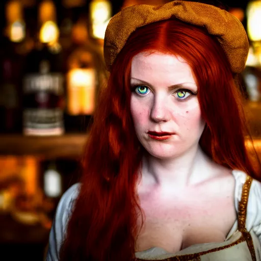 Image similar to beautiful bar maid with auburn hair, in a medieval tavern, dramatic, cinematic, filmic, 7 5 mm, f / 1. 8