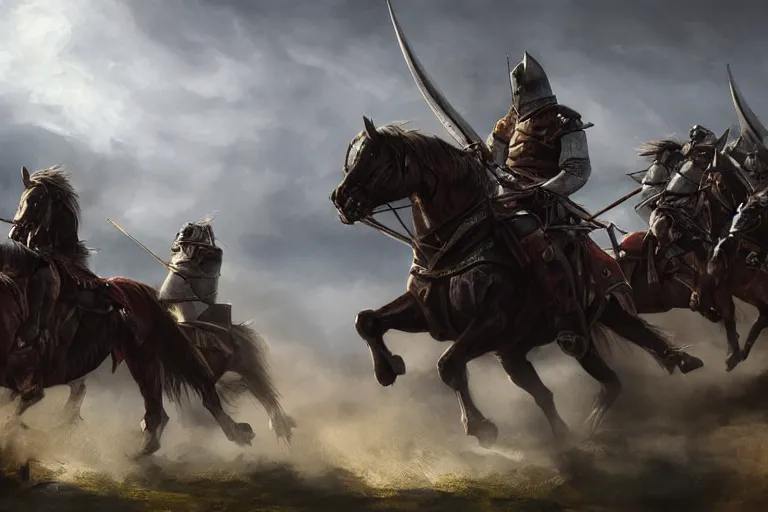 Image similar to realistic, medieval cavalry charging, pikes, hellbards, epic, digital art, illustration, fantasy, realistic sketch, dark, epic, realistic lighting