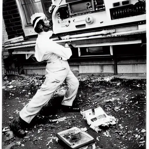 Prompt: a black and white photograph of a man destroying a computer with a baseball bat, by gary baseman, robert crumb, jim henson, photorealistic, surreal, high contrast, film photography