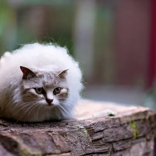 Prompt: a small domestic housecat with a white mushroom growing atop its head