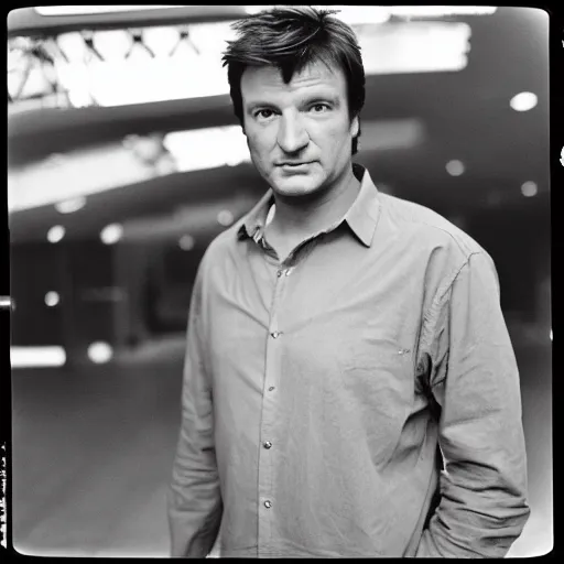 Prompt: photo of Nathan Fillion by Diane Arbus, black and white, high contrast, Rolleiflex, 55mm f/4 lens