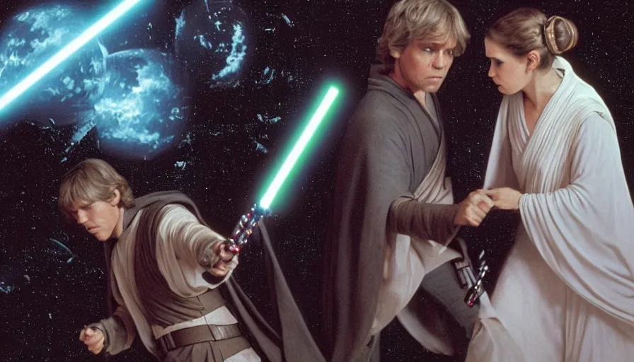 Image similar to screenshot portrait of Luke Skywalker and Princess Leia, with the lightsabers ignited, facing off against an incredibly haunting female sith lord in white, on a planet of maelstrom, chaos, the world of darkness, 1970s thriller film by Stanley Kubrick, iconic scene, HR Geiger design, stunning cinematography, hyper-detailed, sharp, anamorphic lenses, kodak color stock, 4k, stunning