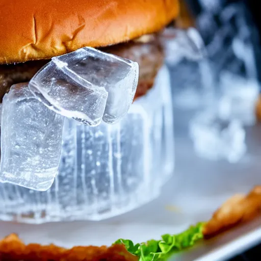 Image similar to a clear ice sculpture of a burger, 4 k