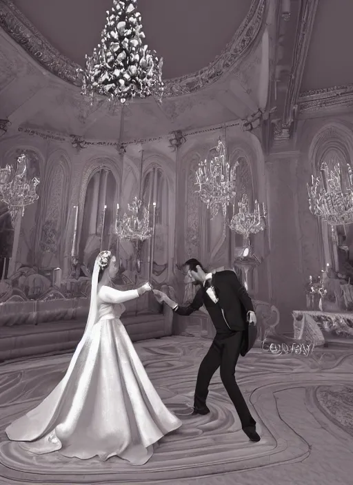 Prompt: highly detailed digital illustration of a newly married king and queen dancing at their wedding in the grand ballroom of a fantasy castle | fantasy art, cryengine, concept art, photorealism, daz 3 d, sketchfab, zbrush, vray, rule of thirds, golden ratio