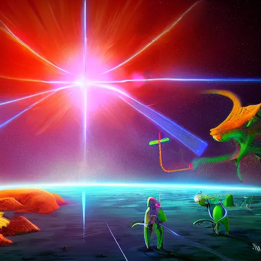 Prompt: laser war between funny creatures on a planet, digital art, award winning 4K