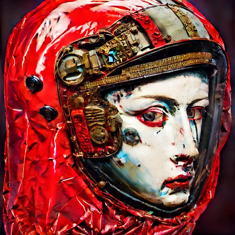 Image similar to portrait of a third reich soldier in ornate motorcycle dirt helmet in a helmet background red plastic bag, circuitboard,, rich deep colors, ultra detail, by francis bacon, james ginn, petra courtright, jenny saville, gerhard richter, zdzisaw beksinsk, takato yamamoto. masterpiece, elegant fashion studio ighting 3 5 mm