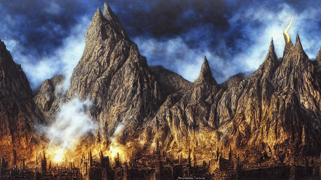 Image similar to beautiful helms deep, hornburg lit by sunshine on a bright day, by alan lee, intricate, smoke trails, lord of the rings calendar, smooth, detailed terrain, oil painting