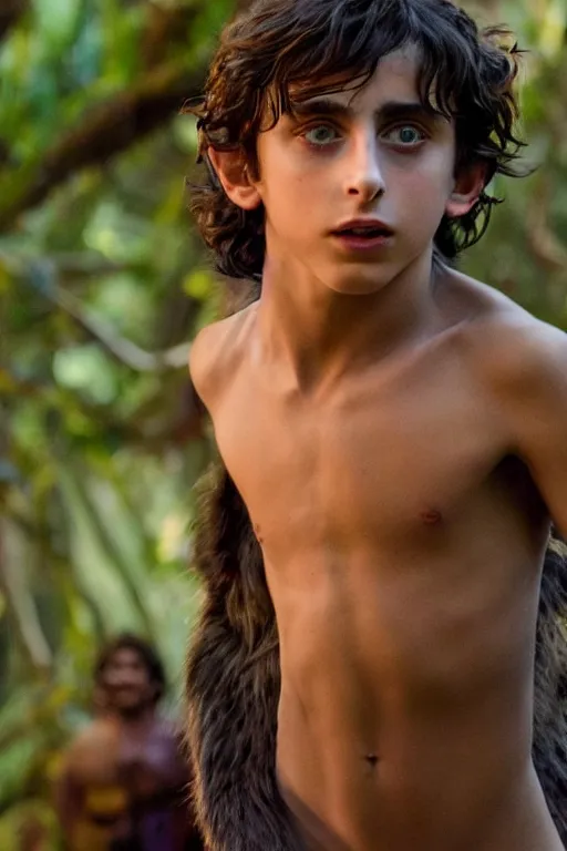 Image similar to timothee chalamet plays mowgli in the live action adaptation of the jungle book, red weapon 8 k s 3 5, cooke anamorphic / i lenses, highly detailed, cinematic lighting