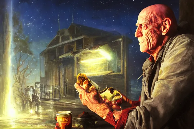 Prompt: portrait of michael berryman outside at night eating a can of beans, an oil painting by ross tran and thomas kincade