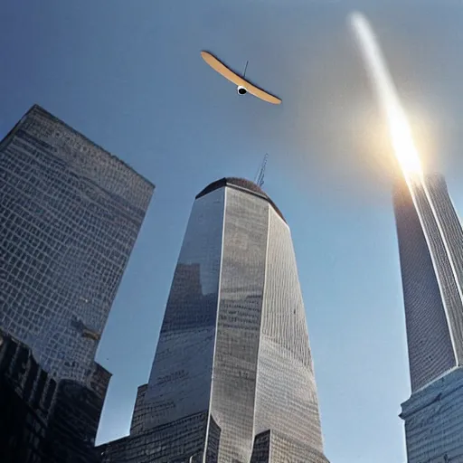 Image similar to UFO crashing into World trade center