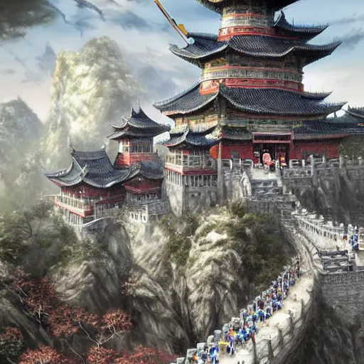 Image similar to dynamic composition, motion, ultra-detailed, incredibly detailed, a lot of details, amazing fine details and brush strokes, colorful and grayish palette, smooth, HD semirealistic anime CG concept art digital painting, watercolor oil painting of epic castle gate, from Three Kingdoms, by a Chinese artist at ArtStation, by Huang Guangjian, Fenghua Zhong, Ruan Jia, Xin Jin and Wei Chang. Realistic artwork of a Chinese videogame, gradients, gentle an harmonic grayish colors.