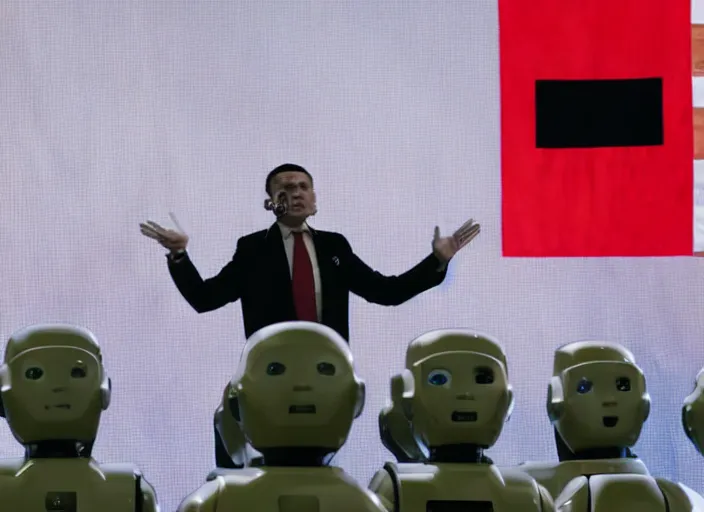 Image similar to dystopian propaganda style human robot dictator giving a speech to human robots next to two large flags with robot heads on them