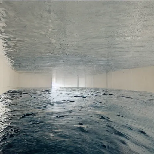 Prompt: Beautiful soft liminal Photograph of an infinite infinite water-filled room