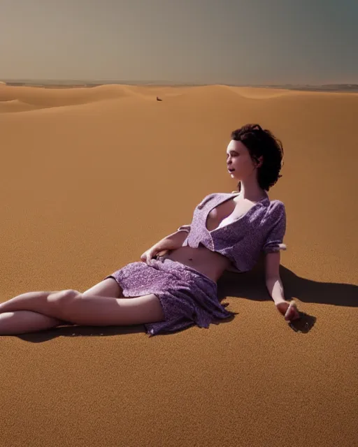 Prompt: olivia laying in the desert sand, wearing a purple blazer, black hair, freckles, pale skin, photo by greg rutkowski, harsh shadows, bright lighting, female beauty, intricate detail, elegance, sharp shapes, masterpiece