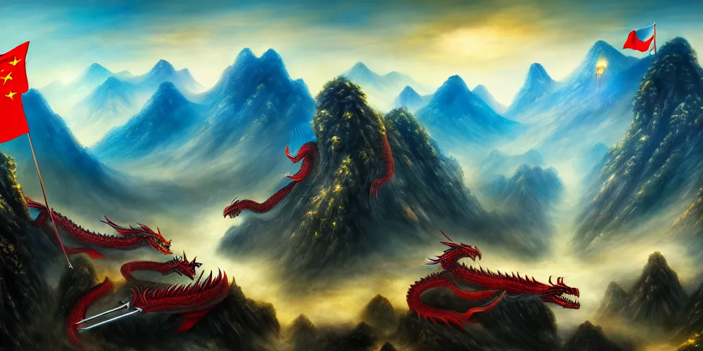 Prompt: Chinese president, bananas weapon, battle, dragon, centered, highly detailed, mountains, epic composition, background, fantasy art, oil painting, 4k