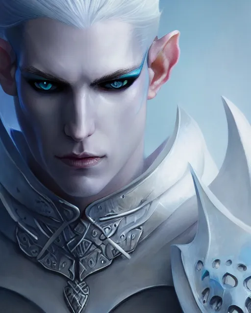 Image similar to character portrait of a slender young half white haired elven man with piercing blue eyes and pale bluish skin, wearing sleek pearlescent black wraithbone armor, by greg rutkowski and mark brookes and jim burns and tom bagshaw and magali villeneuve, trending on artstation