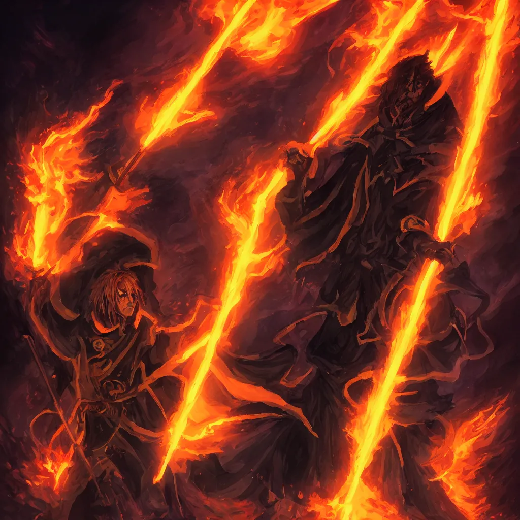 Image similar to dungeons and dragons official art, portrait of a male fire genasi wizard with pitch black skin, bright orange hair, glowing orange eyes, wearing black wizard robes, and holding a wooden staff, smoky barren landscape on the background, official print, character art