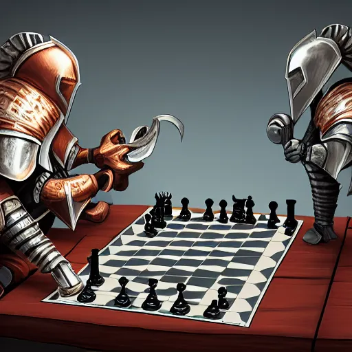 Prompt: medival knight with mowhawk playing chess, high detail, digital art, smooth, featured on artstation