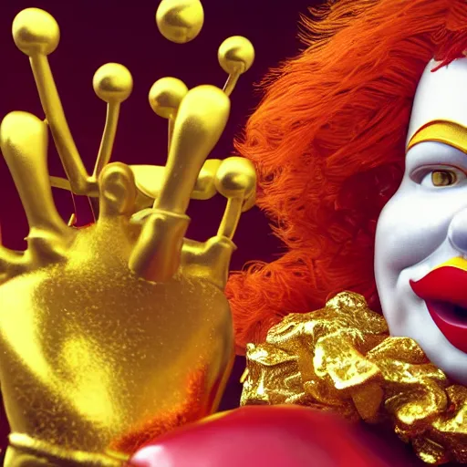 Image similar to A still of Ronald McDonald surrounded by gold and diamonds, Award-winning, photograph, 3d render, unreal engine, 4k detailed