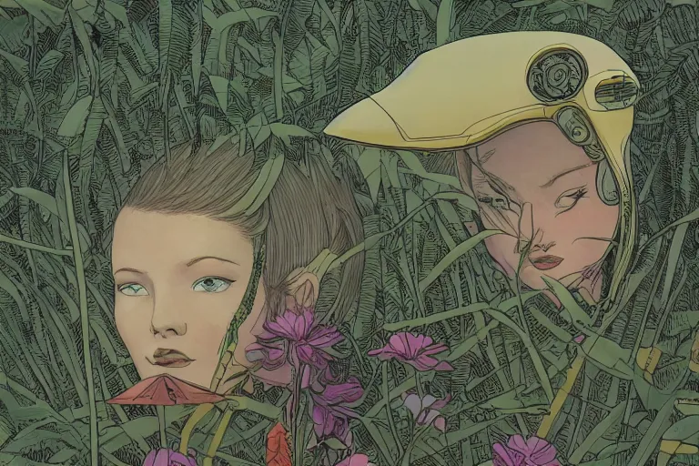 Image similar to gigantic robot - girl head floating in the space, a lot of exotic plants, trees, flowers, oldschool vintage sci - fi flat surreal grainy design, super - detailed, drawing by moebius, satoshi kon, craig gleason, hd, 4 k, high quality