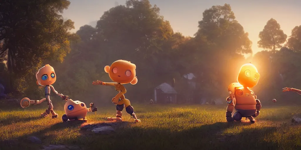 Prompt: cottagecore illustration children playing with a smiling roboton a peaceful morning, pixar and disney animation, sharp, rendered in unreal engine 5, art by greg rutkowski, bloom, dramatic lighting, sunrise