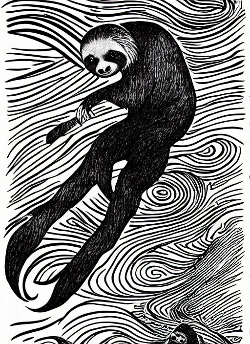 Image similar to beautiful cartoon professional drawing black ink of sloth riding surfboard