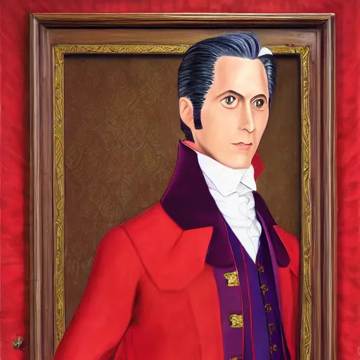 Image similar to a highly detailed portrait of miles edgeworth from ace attorney, inside a room with thick red tapestries, oil painting