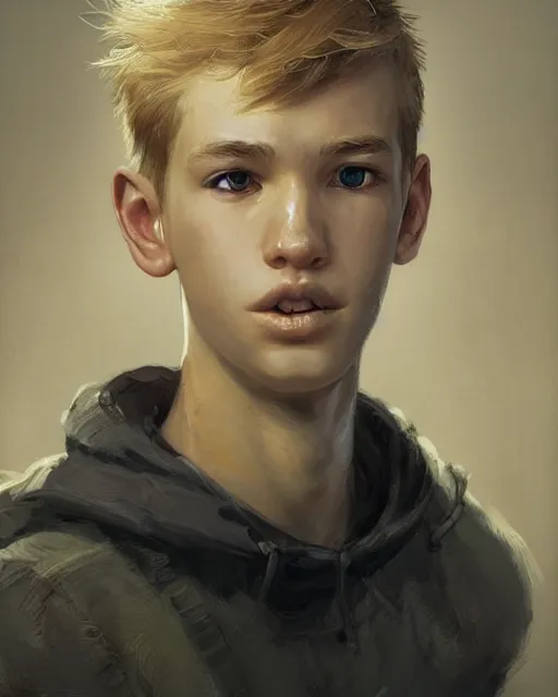 Image similar to portrait of 1 5 - year - old boy with blonde hair, round - face, and slightly buck - toothed, hyper realistic face, beautiful eyes, fantasy art, in the style of greg rutkowski, intricate, hyper detailed, smooth