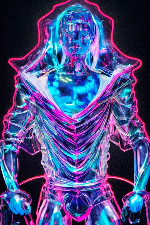 Prompt: hyper detailed ultra sharp fullbody photo of baroque and cyberpunk transparent neon ceramic sculpture of a muscular seductive muscular liam payne feeling muy cachondo, muy dotado, iridescent humanoid deity wearing teal plastic hooded cloak, holding a rainbow lizard gem, blue diamond, glowing pink face, crown of white diamonds, cinematic lighting, photorealistic, octane render 8 k