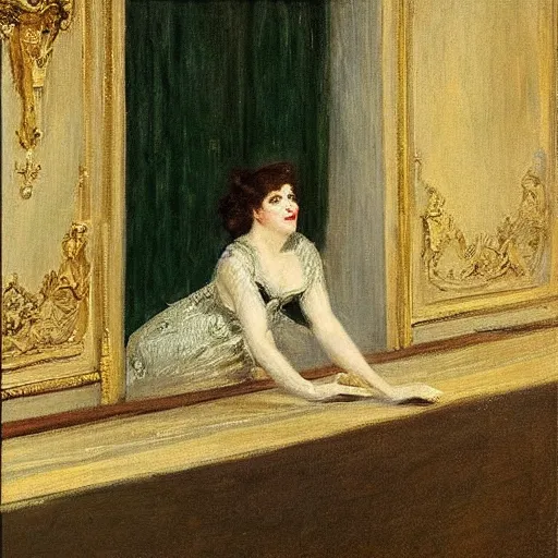Image similar to a theatre actress waiting for the curtain to fall, by alfred stevens