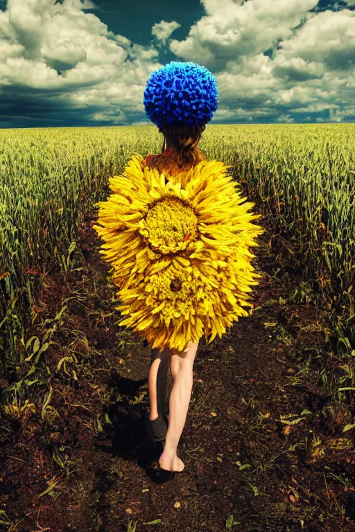 Image similar to giant corn flower head, girl walking in a decaying walter white themed flower field, surreal photography, dead body, dramatic light, impressionist painting, colorful clouds, digital painting, walter white, uncanny valley