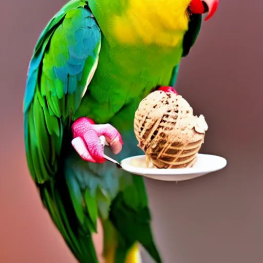 Prompt: a lovebird parrot nibbling an ice cream